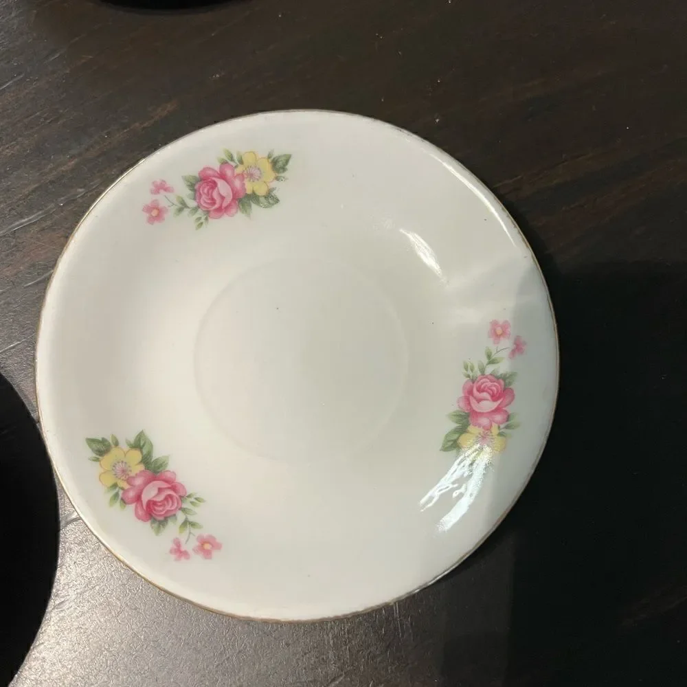 Demitasse Cups and Saucers,  Pink Rose Floral, Espresso Cups, Set of 4